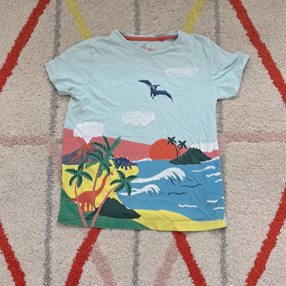 Mini Boden Short- Sleeve T-Shirt Light Blue with Dinosaur Scene - Size 8-9Y